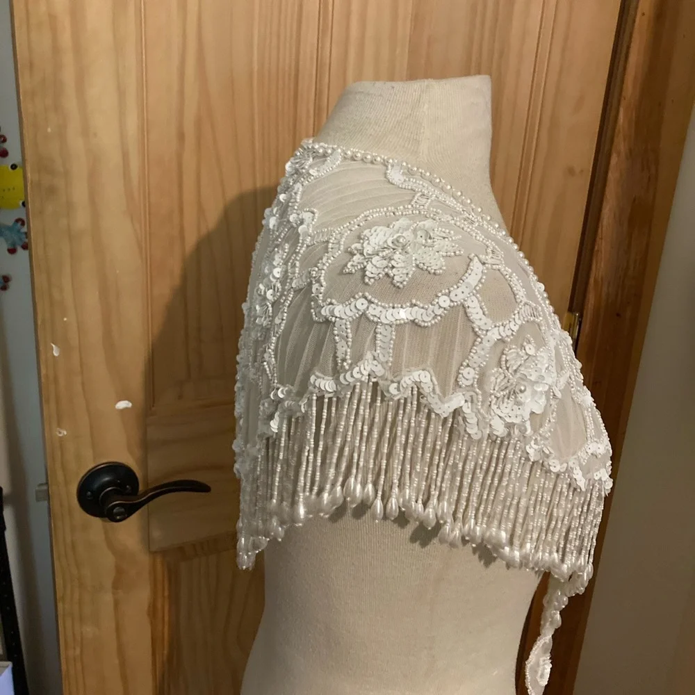Source Unknown Ivory Beaded Fringe Bridal Shawl Scarf
